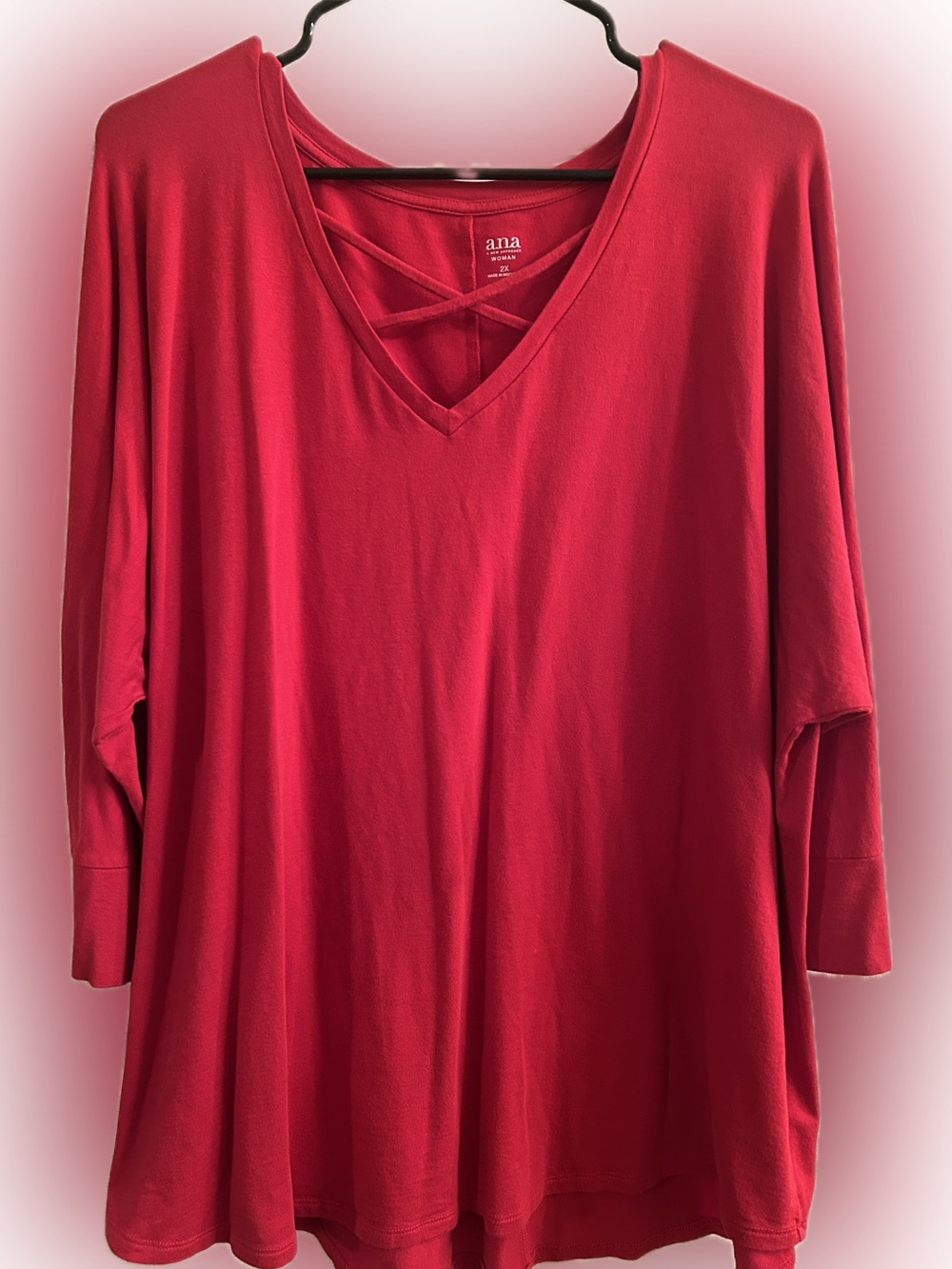 a.n.a Women's size 2X Bright Red V-Neck Tunic with Crisscross Detail